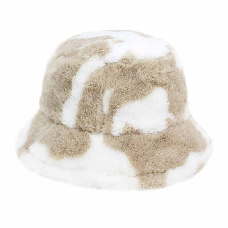 Beige Cow Patterned Faux Fur Bucket Hat, this cow patterned bucket hat is nicely designed and a great addition to your attire. Have fun and look stylish anywhere outdoors. Great for covering up when you are having a bad hair day. Perfect for protecting you from the wind, snow, beach, pool, camping, or any outdoor activities in cold weather. Amps up your outlook with confidence with this trendy bucket hat. Perfect gift for Birthdays, Christmas, Stocking stuffers, Secret Santa, holidays, etc.