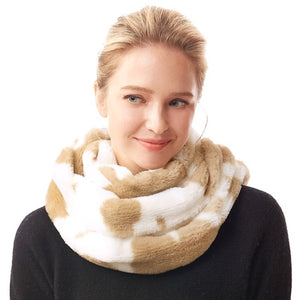 Beige Cow Patterned Cattle Print Plush Faux Fur Winter Sherpa Infinity Scarf; delicate, warm, on trend & fabulous, deluxe addition to any cold-weather ensemble. Wraparound, loops around neck, great for daily wear. Perfect Gift Birthday, Christmas, Anniversary, Holiday, Valentine's Day, Loved One