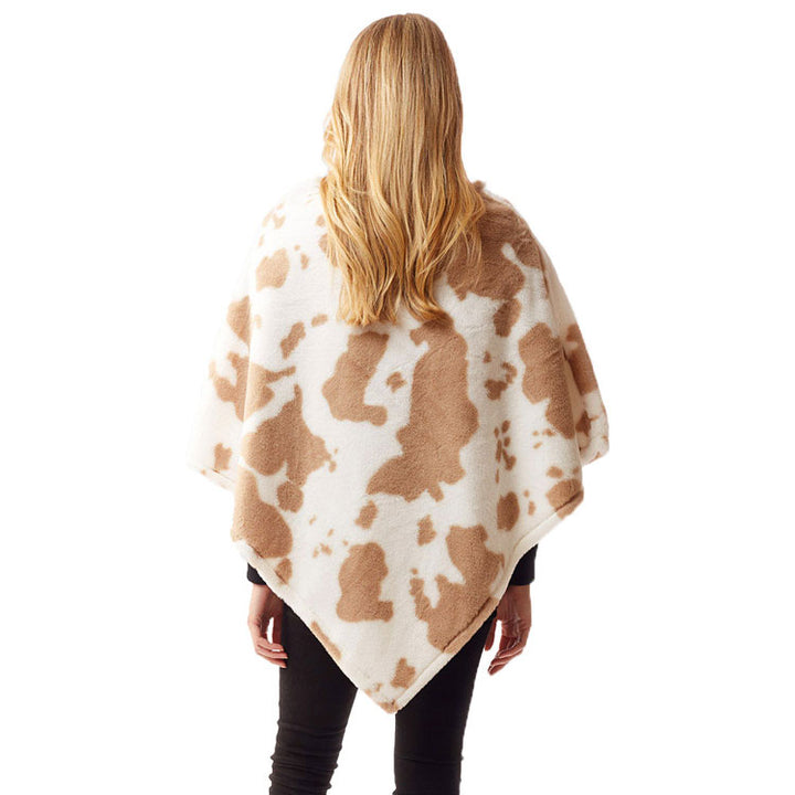 Beige Cow Patterned Soft Faux Fur Poncho, the perfect accessory, luxurious, trendy, super soft chic capelet, keeps you warm and toasty. You can throw it on over so many pieces elevating any casual outfit! Perfect Gift for Wife, Mom, Birthday, Holiday, Christmas, Anniversary, Fun Night Out