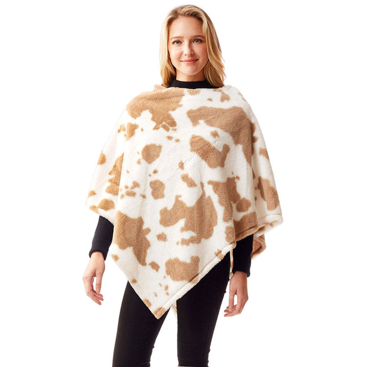 Beige Cow Patterned Soft Faux Fur Poncho, the perfect accessory, luxurious, trendy, super soft chic capelet, keeps you warm and toasty. You can throw it on over so many pieces elevating any casual outfit! Perfect Gift for Wife, Mom, Birthday, Holiday, Christmas, Anniversary, Fun Night Out