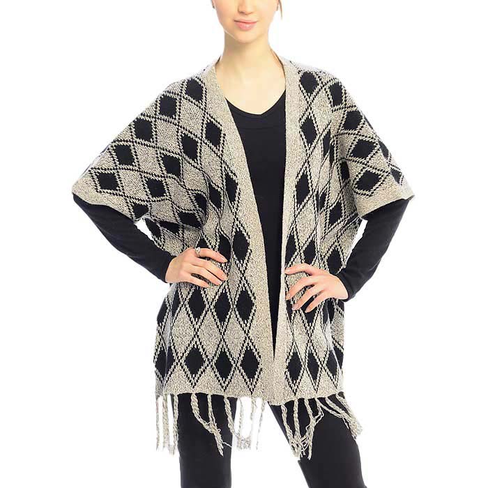 Beige Diamond Pattern Fringe Trim Poncho shawl, made in awesome design that amps up your look at anywhere, any places. Versatile enough to wear with any outfit in style with perfect comfort. Great for daily wear in the cold winter to protect you against chill. Perfect Gift for Wife, Mom, Birthday, Holiday, Anniversary, Fun Night Out, Valentine's Day, etc. Perfect winter accessory!
