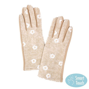 Beige Embroidery Flower Pattern Floral Stitched Warm Smart Touch Tech Gloves, gives your look so much eye-catching texture w cool design, a cozy feel, fashionable, attractive, cute looking in winter season, these warm accessories allow you to use your phones. Perfect Birthday Gift, Valentine's Day Gift, Anniversary Gift, Just Because Gift