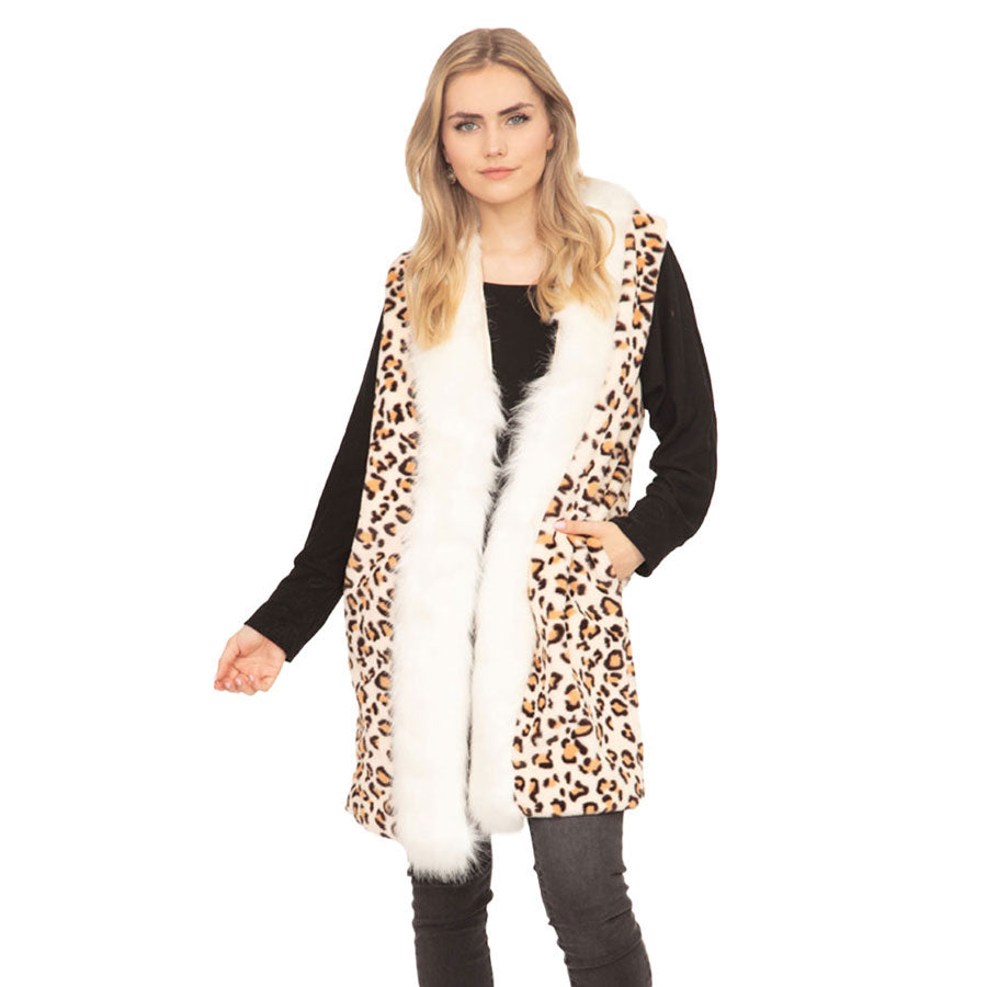 Beige Fall Winter Leopard Patterned Faux Fur Trim Vest, the perfect accessory, luxurious, trendy, super soft chic capelet, keeps you warm and toasty. You can throw it on over so many pieces elevating any casual outfit! Perfect Gift for Wife, Mom, Birthday, Holiday, Christmas, Anniversary, Fun Night Out