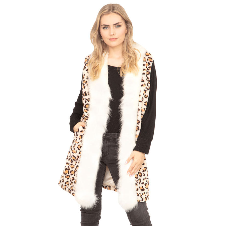 Beige Fall Winter Leopard Patterned Faux Fur Trim Vest, the perfect accessory, luxurious, trendy, super soft chic capelet, keeps you warm and toasty. You can throw it on over so many pieces elevating any casual outfit! Perfect Gift for Wife, Mom, Birthday, Holiday, Christmas, Anniversary, Fun Night Out