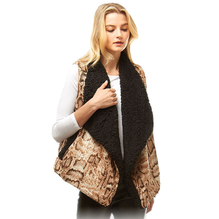 Beige Fall Winter Snake Skin Fur Lining Vest, the perfect accessory, luxurious, trendy, super soft chic capelet, keeps you warm and toasty. You can throw it on over so many pieces elevating any casual outfit! Perfect Gift for Wife, Mom, Birthday, Holiday, Christmas, Anniversary, Fun Night Out