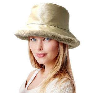 Beige Faux Fur Inside Brim Solid Bucket Hat, This solid Faux Fur bucket hat is nicely designed and a great addition to your attire. Have fun and look stylish anywhere outdoors. Great for covering up when you are having a bad hair day. Perfect for protecting you from the wind, snow & cold at the beach, pool, camping, or any outdoor activities in cold weather. This classic style is lightweight and practical and perfect for all occasions