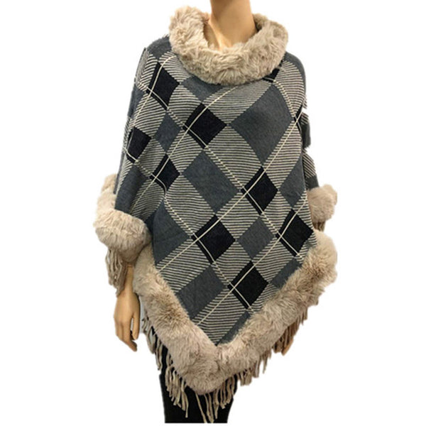 Beige Faux Fur Trim Knit Plaid Poncho Ruana, Beige Plaid Pattern with Faux Fur Trim Poncho Ruana, warm soft and elegant, great for any occasion, will become your favorite accessory