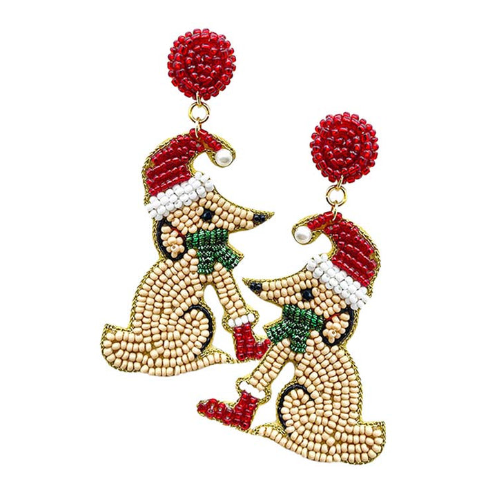 Felt Back Beaded Christmas Santa Hat Dog Dangle Earrings, The perfect holiday Christmas earrings to celebrate the season in a stylish and unique way. Get into the Christmas spirit with these cute Santa hat Dog earrings. These adorable Christmas dangle earrings are bound to cause a smile. Perfect Gift for December Birthdays, Christmas, Stocking Stuffers, Secret Santa, BFF, etc. Enjoy this Christmas with a beautiful look.