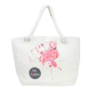 Beige Flamingo Beach Tote Bag. Whether you are out shopping, going to the pool or beach, this tote bag is the perfect accessory. Spacious enough for carrying all of your essentials. Perfect as a beach bag to carry foods, drinks, towels, swimsuit, toys, flip flops, sun screen and more. Gift idea for your loving one!