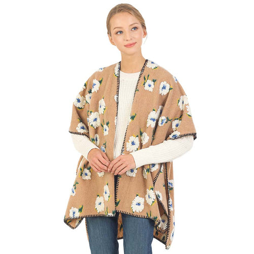 Floral Pattern Wool Blended Winter Kimono Poncho - Beige