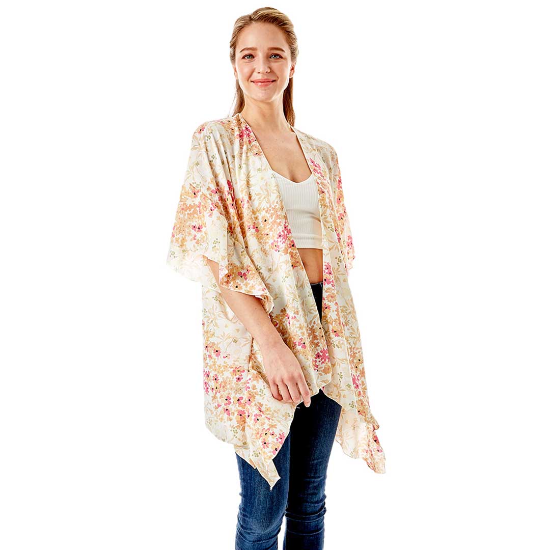 Beige Flower Printed Ruffle Sleeves Cover Up Kimono Poncho, on trend & fabulous, a luxe addition to any cold-weather ensemble. The perfect accessory, luxurious, trendy, super soft chic capelet, keeps you warm and toasty. You can throw it on over so many pieces elevating any casual outfit! Perfect Gift for Wife, Mom, Birthday, Holiday, Anniversary, Fun Night Out.