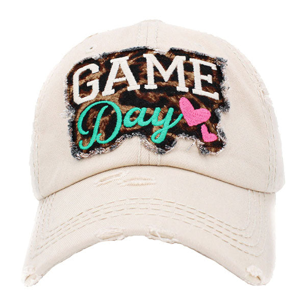 Beige GAME Day Vintage Baseball Cap. Fun cool Leopard Mother Sports themed vintage cap. Perfect for walks in sun, great for a bad hair day. The distressed  frayed style with faded color gives it an awesome vintage look. Soft textured, embroidered message with fun statement will become your favorite cap.