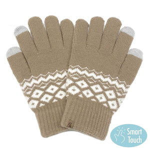 Beige Geometric Patterned Knit Smart Gloves, Before running out the door into the cool air, you’ll want to reach for these toasty gloves to keep your hands incredibly warm. Accessorize the fun way with these fashionable gloves, it's the autumnal touch you need to finish your outfit in style. Awesome winter gift accessory!