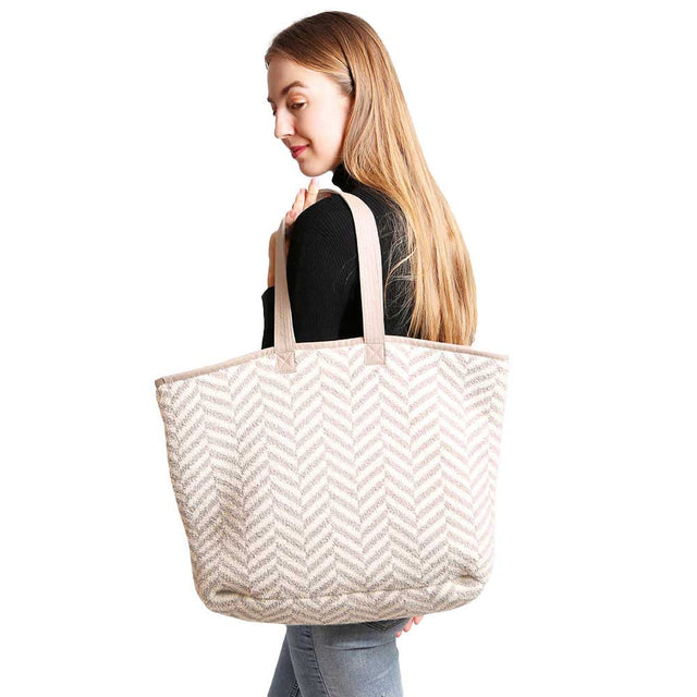 Beige Herringbone Tote Bag, This beautiful trendy bag design gives you the ability to highlight and contrast many different outfits. The shoulder tote bag large enough to hold all your daily needs. Soft and stylish, cute tote with geometric print is full of personality, very fresh and unique; As a fashion statement, goes well with heels and skinny jeans in spring, fall and winter.