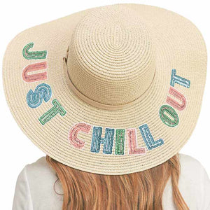 Beige Just Chill Out Sequin Message Straw Panama Sun Hat, a beautiful & comfortable Straw Panama Sun Hat is suitable for summer wear to amp up your beauty & make you more comfortable everywhere. It's an excellent gift item for your friends & family or loved ones this summer.