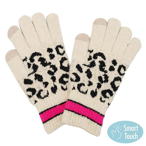 Beige Leopard Patterned Striped Cuff Knit Smart Gloves. Before running out the door into the cool air, you’ll want to reach for these toasty gloves to keep your head incredibly warm. Accessorize the fun way with these gloves, it's the autumnal touch you need to finish your outfit in style. Awesome winter gift accessory!