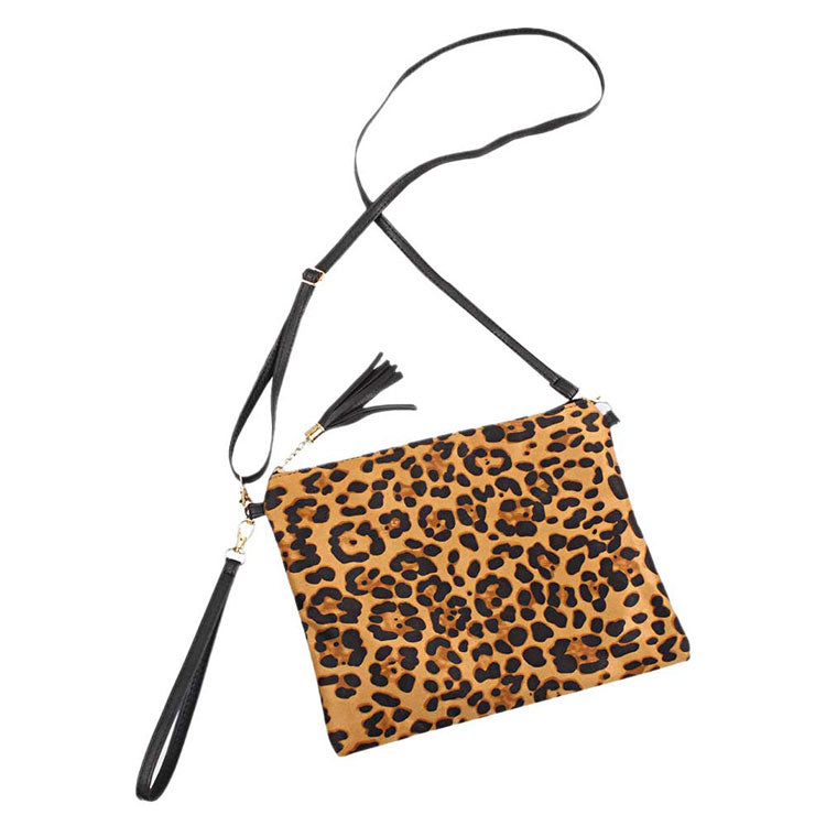 Beige Leopard Print Tassel Crossbody Clutch Bag. Be the ultimate fashionista carrying this trendy tassel crossbody clutch bag! great for when you need something small to carry or drop in your bag. perfect for the festive season, embrace the Leopard themed spirit with these bag, these pretty  gift Crossbody Bags are sure to bring a smile to your face.