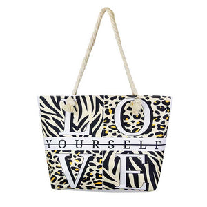 Beige Love Yourself Animal Pattern Beach Bag,  Whether you are out shopping, going to the pool or beach, this animal pattern print beach bag is the perfect accessory. Spacious enough for carrying any and all of your seaside essentials. The soft rope straps really helps carrying this tie due shoulder bag comfortably. Perfect as a beach bag to carry foods, drinks, towels, swimsuit, toys, flip flops, sun screen and more. Gift idea for your loving one!