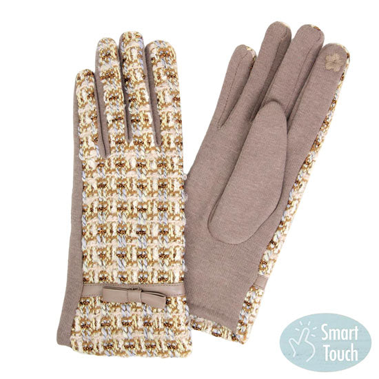 Beige Lurex Tweed Smart Gloves, gives your look so much eye-catching texture with lurex tweed patterned embellishment, a cozy feel, very fashionable, attractive, cute looking in winter season.  It will allow you to easily use your electronic devices and touchscreens while keeping your fingers covered, and swiping away! A pair of these gloves are awesome winter gift for your family, friends, anyone you love, and even yourself. Complete your outfit in trendy style!