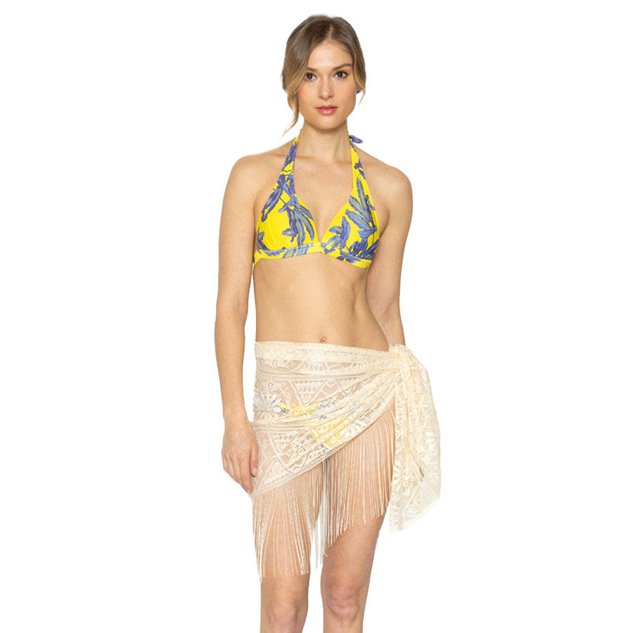 Beige Mesh Fringe Sarong Scarf, Cute sarong coverups for women is made of breathable fabric. Finished with Mesh fringe for fun and sexy wear. Sarong is perfect sexy, classy shape so that it ties on the side. Perfect as a swimsuit cover up, beach skirt, scarf, shawl, quick drying beach blanket. This lovely tropical, beautiful and bold pareo beach sarong is perfect for so many occasions!