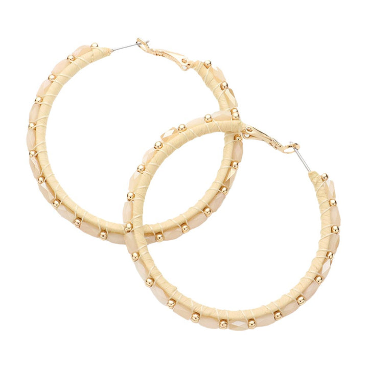 Beige Metal Ball Rectangle Bead Trimmed Raffia Hoop Earrings, enhance your attire with these beautiful raffia earrings to show off your fun trendsetting style. Get a pair as a gift to express your love for any woman person or for just for you on birthdays, Mother’s Day, Anniversary, Holiday, Christmas, Parties, etc.