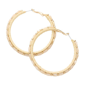 Beige Metal Ball Rectangle Bead Trimmed Raffia Hoop Earrings, enhance your attire with these beautiful raffia earrings to show off your fun trendsetting style. Get a pair as a gift to express your love for any woman person or for just for you on birthdays, Mother’s Day, Anniversary, Holiday, Christmas, Parties, etc.