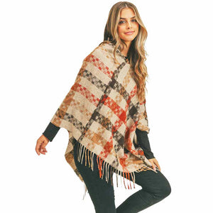 Beige Multi Color Pixel Check Poncho, adds gorgeousness and confidence in your beauty. Lightweight and Breathable Fabric, Comfortable to Wear. Suitable for any Occasions in Spring, Summer, and Autumn. It fits with any outfit and any place. Perfect gift for Wife, Mom, Birthday, Holiday, Christmas, Anniversary, Fun night out. Make your moment stylish and attractive.