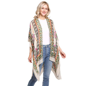 Beige Multi Patterned Cover Up Kimono Poncho, on trend & fabulous, a luxe addition to any weather ensemble. The perfect accessory, luxurious, trendy, super soft chic capelet, keeps you very comfortable. You can throw it on over so many pieces elevating any casual outfit! Perfect Gift for Wife, Mom, Birthday, Holiday, Anniversary, Fun Night Out.