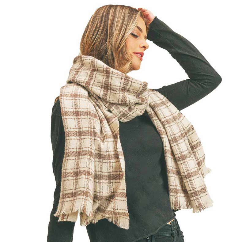 Beige Plaid Check Lurex Oblong Scarf, is luxurious and trendy. The oblong shape makes this scarf a perfect choice that can be worn in many ways. Perfect Gift for Wife, Mom, Birthday, Holiday, Christmas, Anniversary, Fun Night Out. Its softness, comfortability and color variation make it unique. Its a perfect choice for saving you from cold days outing. Enjoy the season!