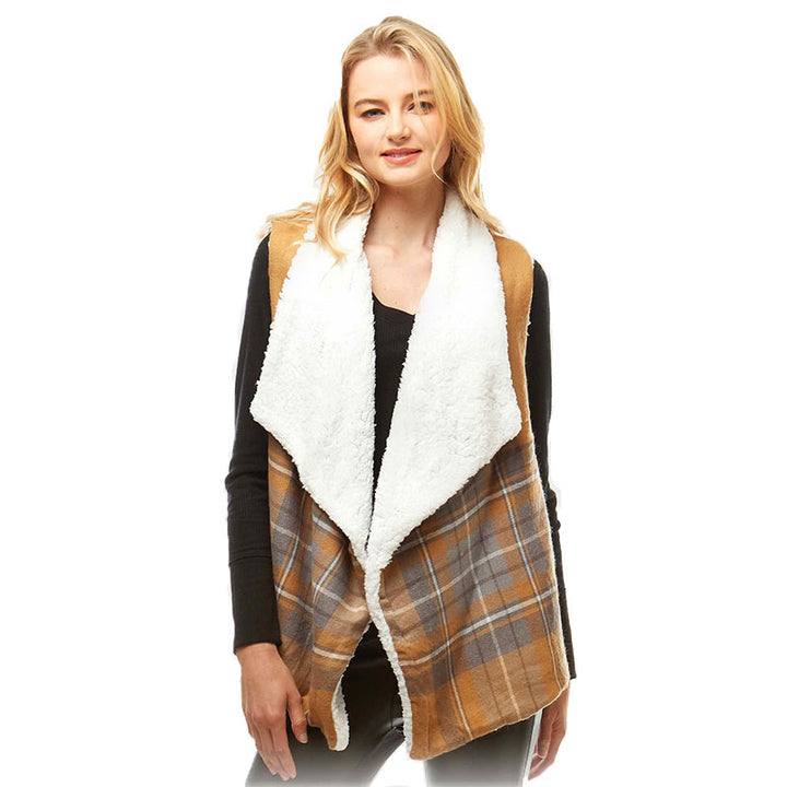 Beige Plaid Faux Fur Lining and Pocket Vest, the perfect accessory, luxurious, trendy, super soft chic capelet, keeps you warm and toasty. You can throw it on over so many pieces elevating any casual outfit! Perfect Gift for Wife, Mom, Birthday, Holiday, Christmas, Anniversary, Fun Night Out