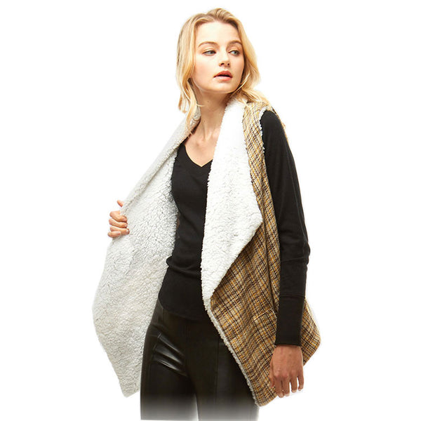 Beige Plaid Faux Fur Lining and Pocket Vest, the perfect accessory, luxurious, trendy, super soft chic capelet, keeps you warm and toasty. You can throw it on over so many pieces elevating any casual outfit! Perfect Gift for Wife, Mom, Birthday, Holiday, Christmas, Anniversary, Fun Night Out