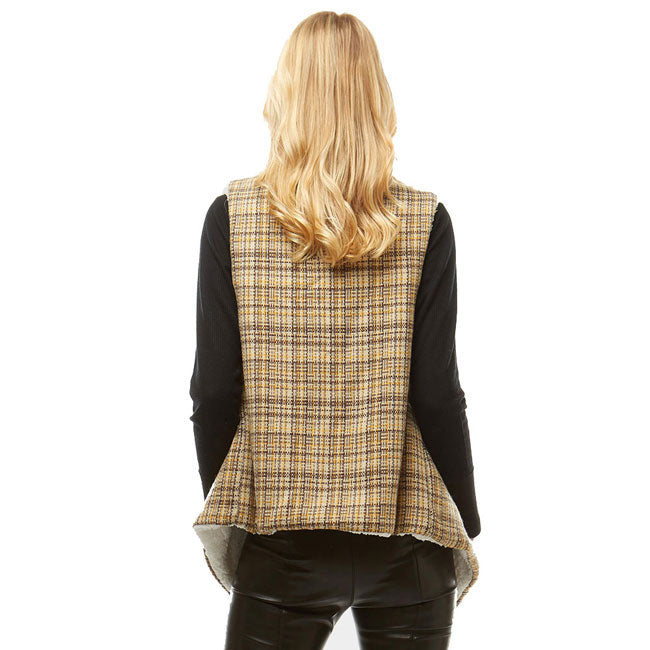 Beige Plaid Faux Fur Lining and Pocket Vest, the perfect accessory, luxurious, trendy, super soft chic capelet, keeps you warm and toasty. You can throw it on over so many pieces elevating any casual outfit! Perfect Gift for Wife, Mom, Birthday, Holiday, Christmas, Anniversary, Fun Night Out