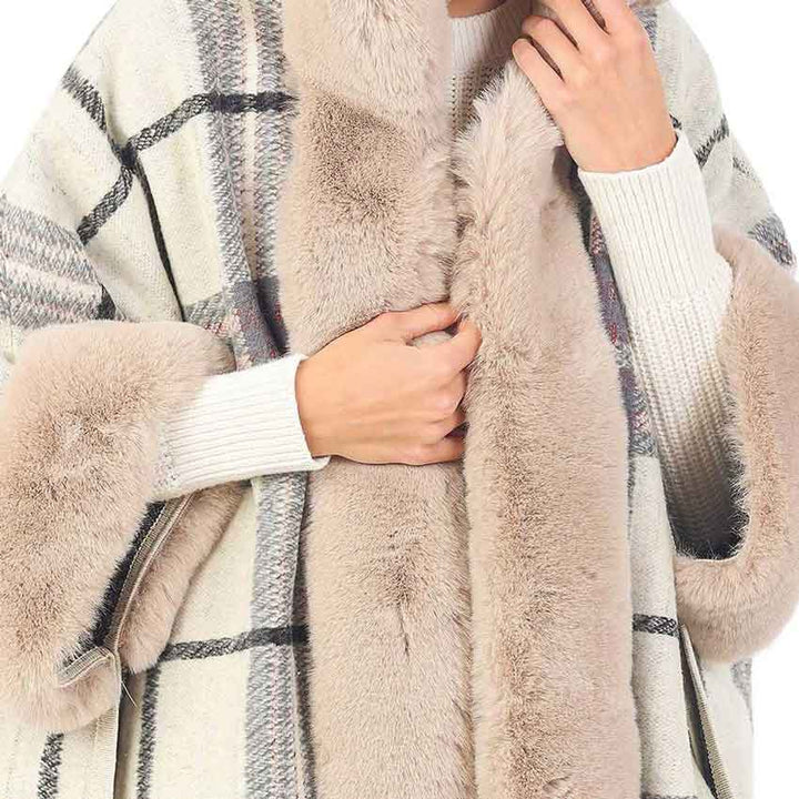 Beige Plaid Pattern With Solid Faux Fur Trim Edge, is the perfect representation of beauty and comfortability for this winter. It will surely make you stand out with its beautiful color variation. It goes with every winter outfit and gives you a unique yet beautiful outlook everywhere. It ensures your upper body keeps perfectly toasty when the temperatures drop. You can throw it on over so many pieces elevating any casual outfit!