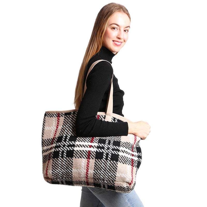 Beige Plaid Tote Bag, the classic and timeless plaid Check print tote let you stand out, be unconventional and make an individual statement of fashion. It will be your new favorite accessory to hold onto all your items. The top Magnetic Closure keeps everything secure. With this awesome tote bag, Have fun and look stylish anywhere and anytime. It goes well with heels and skinny jeans, tops, dress, sweaters in spring, fall and winter.