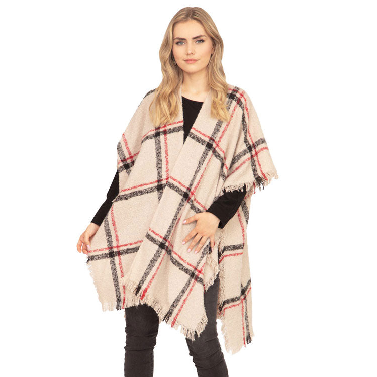 Beige Polyester Fall Winter Plaid Check Poncho, the perfect accessory, luxurious, trendy, super soft chic capelet, keeps you warm and toasty. You can throw it on over so many pieces elevating any casual outfit! Perfect Gift for Wife, Mom, Birthday, Holiday, Christmas, Anniversary, Fun Night Out