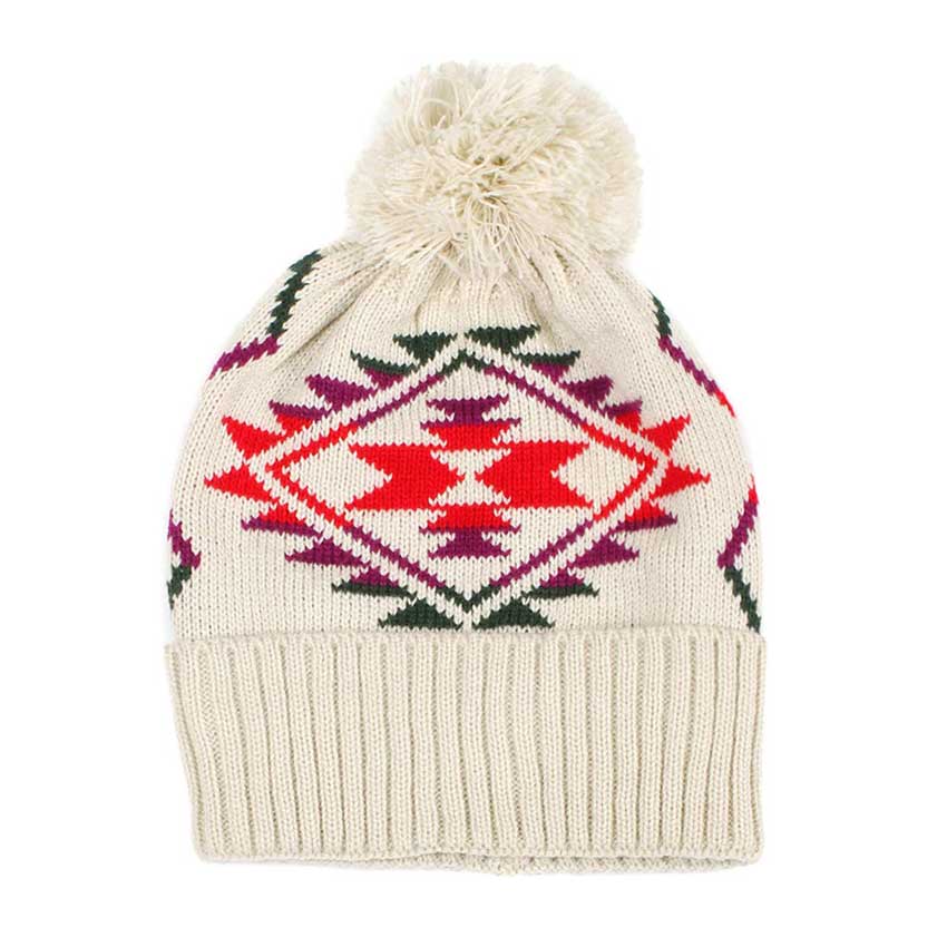 Beige Pom Pom Western Pattern Beanie Hat, Take your winter outfit to the next level and have wonderful western pattern beanie with pom poms, Comfortable beanie keep your head and ear warm during the winter. These are perfect to go skiing, snowboarding, sledding, running, camping, traveling, ice skating and more. Awesome winter gift accessory!  