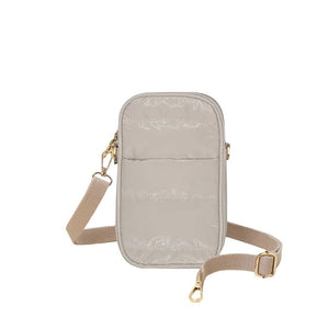 Beige Glossy Puffer Rectangle Crossbody Bag, This puffer fashion crossbody features one front slip pocket and one inside slip pocket, and a secured zipper closure at the top, this bag will be your new go-to! These beautiful and trendy Crossbody bags have adjustable and detachable hand straps that make your life more comfortable.