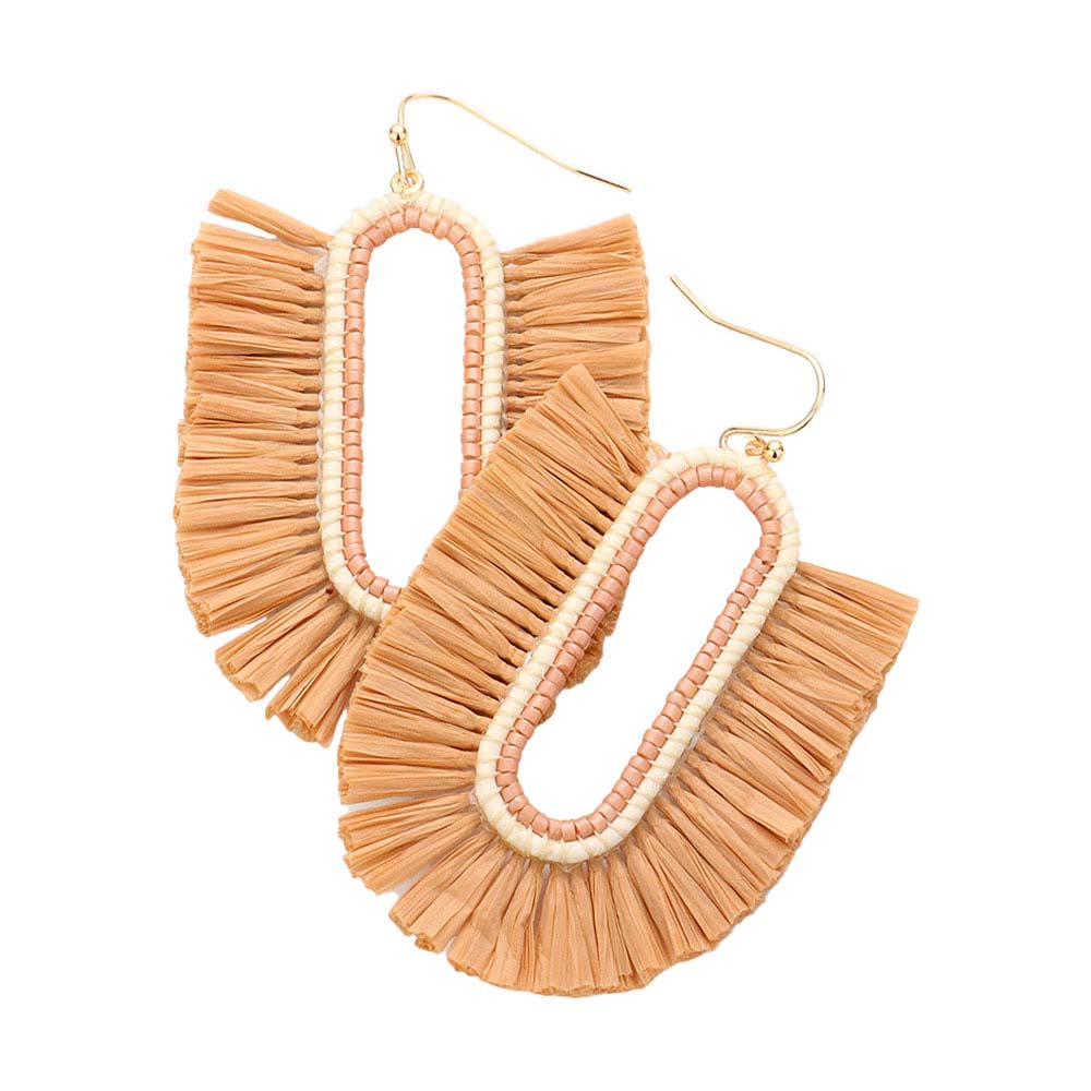 Beige Raffia Trimmed Dangle Earrings, enhance your attire with these beautiful dangle earrings to show off your fun trendsetting style. Can be worn with any daily wear such as shirts, dresses, T-shirts, etc. These raffia earrings will garner compliments all day long. Whether day or night, on vacation, or on a date, whether you're wearing a dress or a coat, these earrings will make you look more glamorous and beautiful.