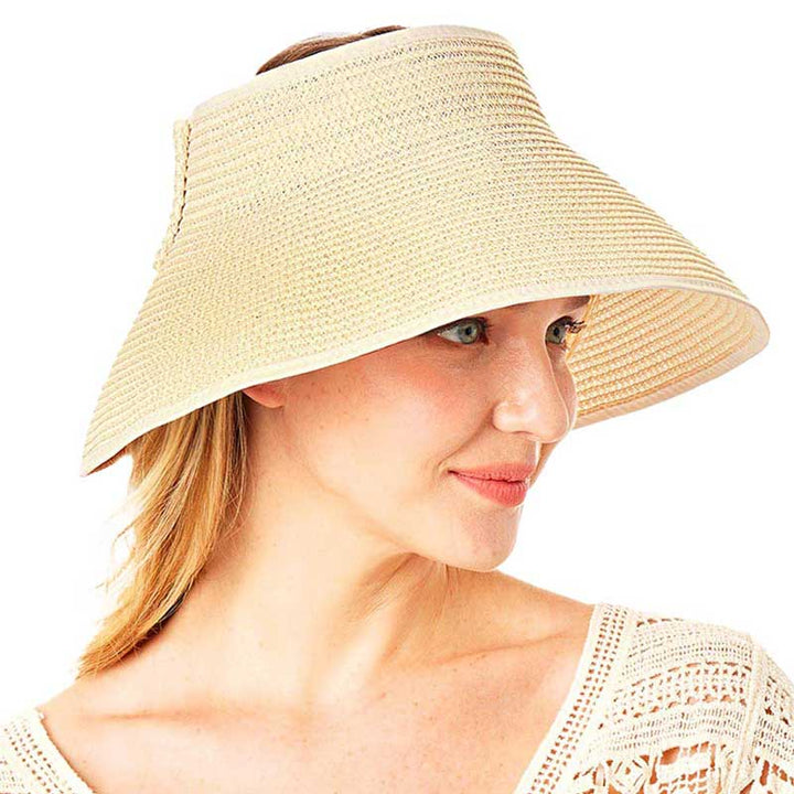 Beige Roll Up Foldable Large Brim Sun Visor Hat. Keep your styles on even when you are relaxing at the pool or playing at the beach. Large, comfortable, and perfect for keeping the sun off of your face, neck, and shoulders Perfect summer, beach accessory. Ideal for travelers who are on vacation or just spending some time in the great outdoors.