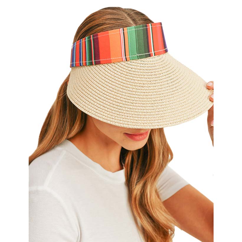 Beige Serape Straw Visor Sun Hat, whether you’re basking under the summer sun at the beach, lounging by the pool, or kicking back with friends at the lake, a great hat can keep you cool and comfortable even when the sun is high in the sky.  Large, comfortable, and perfect for keeping the sun off your face, neck, and shoulders, ideal for travelers on vacation or just spending some time in the great outdoors.