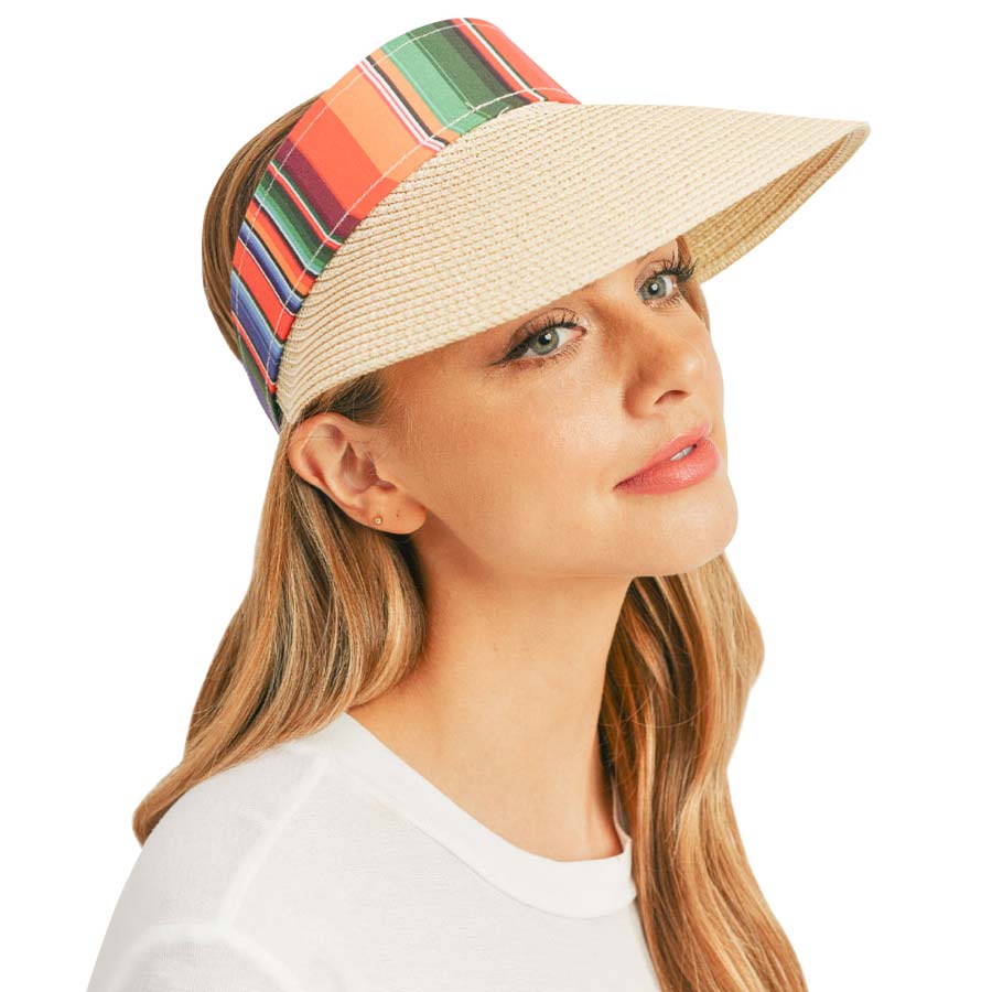Beige Serape Straw Visor Sun Hat, whether you’re basking under the summer sun at the beach, lounging by the pool, or kicking back with friends at the lake, a great hat can keep you cool and comfortable even when the sun is high in the sky.  Large, comfortable, and perfect for keeping the sun off your face, neck, and shoulders, ideal for travelers on vacation or just spending some time in the great outdoors.