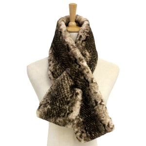 Beige Snake Skin Patterned Faux Fur Pull Through Scarf, delicate, warm, on trend & fabulous, a luxe addition to any cold-weather ensemble. Great for daily wear in the cold winter to protect you against chill, classic infinity-style scarf & amps up the glamour with plush material that feels amazing snuggled up against your cheeks.