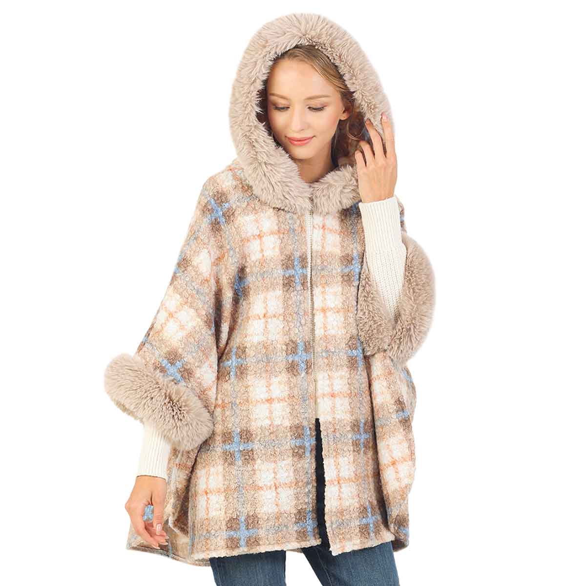 Beige Soft Checker Pattern Hoodie Cape with Faux Fur, This Soft Checker Pattern Hoodie Cape hits a ‘fashion home run’- on the outside and the same inside for super warmth and comfort. Perfect to keep your head and neck toasty warm. You can throw it on over so many pieces elevating any casual outfit! Perfect Gift for Wife, Mom, Birthday, Holiday, Anniversary, Fun Night Out.