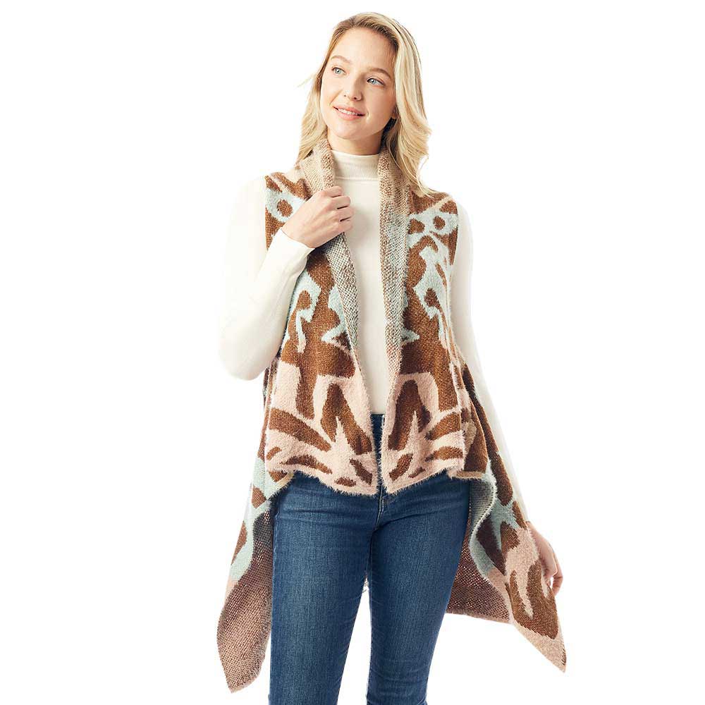 Beige Soft Fuzzy Colorful Animal Print Vest, soft feel and comfortable and the absolutely beautiful vest for boosting up your gorgeousness and confidence with comfort. It will warm you up without all the weight and keeps you looking stylish! Great for traveling, layering is best so you can take off or put on easily. It is nice to feel stylish while being comfortable. You can throw it on over so many pieces elevating any casual outfit! 