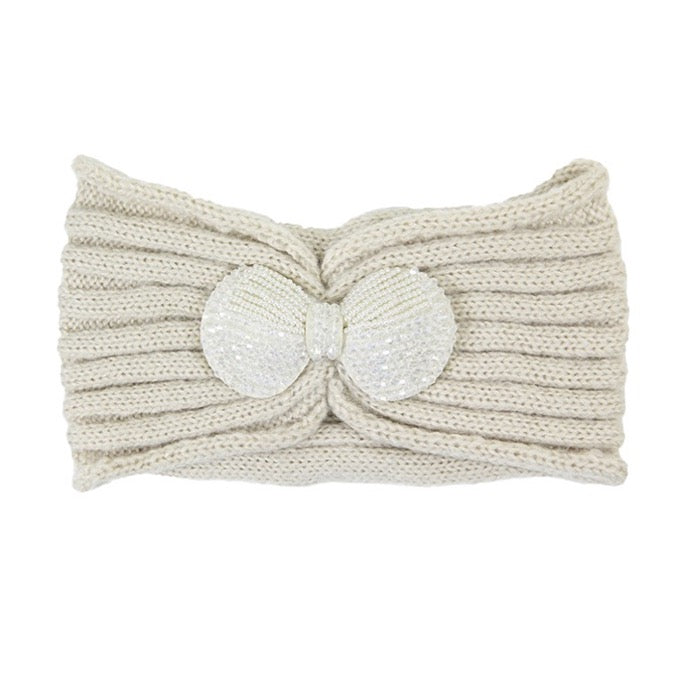 Beige Soft Knit Accented Plush Bow Detailed Warm Winter Headband Ear Warmer, soft & fuzzy ear warmer headband will shield your ears from wintry cold weather ensures all day comfort, shimmery headband creates trendy look, toasty & fashionable. Perfect Gift Birthday, Holiday, Christmas, Stocking Stuffer, Anniversary, Loved One