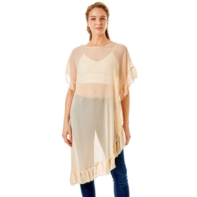 Beige Solid Color Half Ruffled Cover-Up Poncho, This lightweight ponchos for women have plenty of stretch with lovely draping. The added ruffle edge gives better coverage with a feminine look. Feel sexy and comfortable no matter where you are. This unique poncho top can be worn in a variety of ways. A warp poncho that will complement every outfit you own. Suitable for Summer wrap, travel vacation, Beach, Party, Club, Night, Evening, Date, Casual and Other Occasions in Spring, Summer and Autumn.