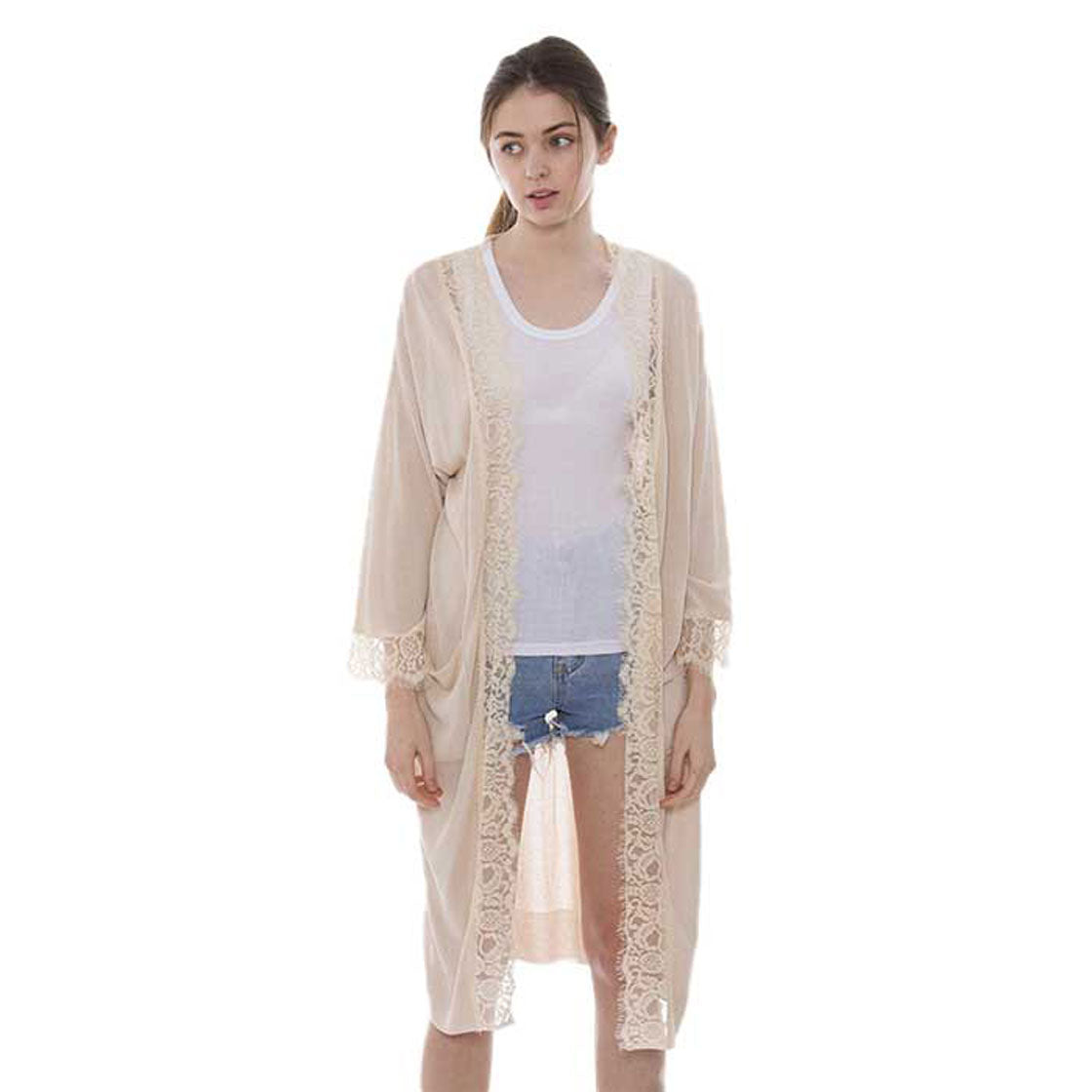 Beige Solid Lace Hem Pockets in Front Long Cardigan. Delicate open front floral lace beach cover-up featuring wide sleeves and hip length. Beach or Poolside chic is made easy with this lightweight cover-up featuring flower detail and a relaxed silhouette, look perfectly breezy and laid-back as you head to the beach. Also an accessory easy to pair with so many tops! From stylish layering camis to relaxed tees, you can throw it on over so many pieces elevating any casual outfit! Great gift idea.