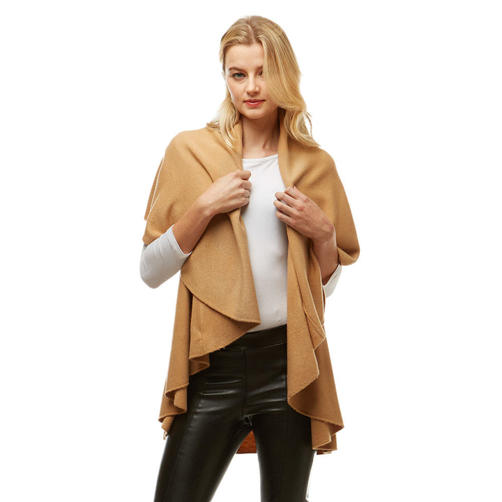 Beige Solid Color Detail Wide Soft Knit Cape Poncho Shawl Vest, the perfect accessory, luxurious, trendy, super soft chic capelet, keeps you warm & toasty. You can throw it on over so many pieces elevating any casual outfit! Perfect Gift Birthday, Holiday, Christmas, Anniversary, Wife, Mom, Special Occasion