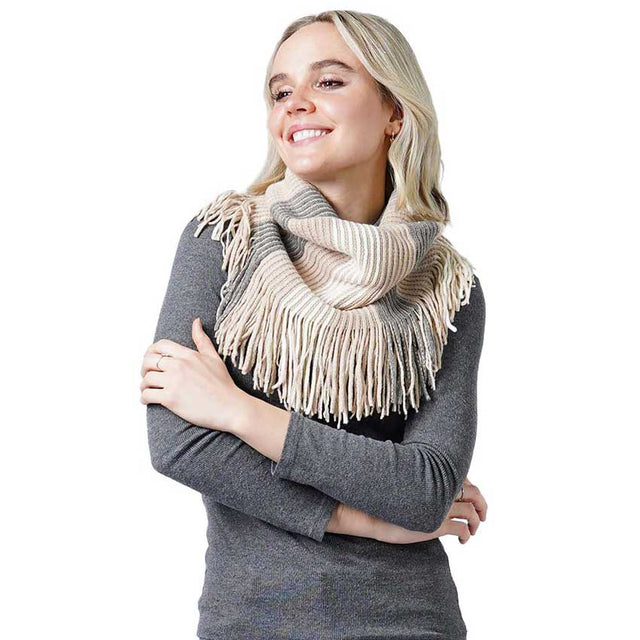 Beige Stripe Knit Tube Scarf With Tassel, This knit tube scarf is perfect and cozy accessory to keep you warm and stylish. on trend & fabulous, a luxe addition to any cold-weather ensemble. You will always look chic and elegant wearing this feminine pieces. Great for everyday use in the chilly winter to ward against coldness. Awesome winter gift accessory!