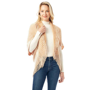 Beige Striped Chenille Shrug With Fringe, is complete protection from cold weather and chill that fits with any of your outfits easily and makes your outfit absolutely lucrative. Different color variation makes it more attractive. It's easy to put on and off. This soft patterned shrug gives you a unique yet beautiful look. It ensures your upper body keeps perfectly toasty when the temperatures drop.